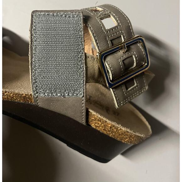 Naot Sandals Womens Size 6 Gray & Black Leather Wedge Slingback Buckle Comfort - Picture 7 of 9